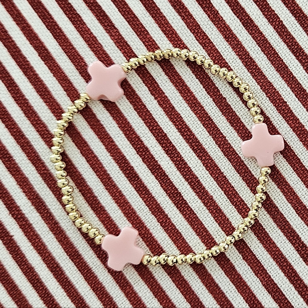 Pink Cross & Gold Bead Stretch Stackable Bracelet (Sold Individually)